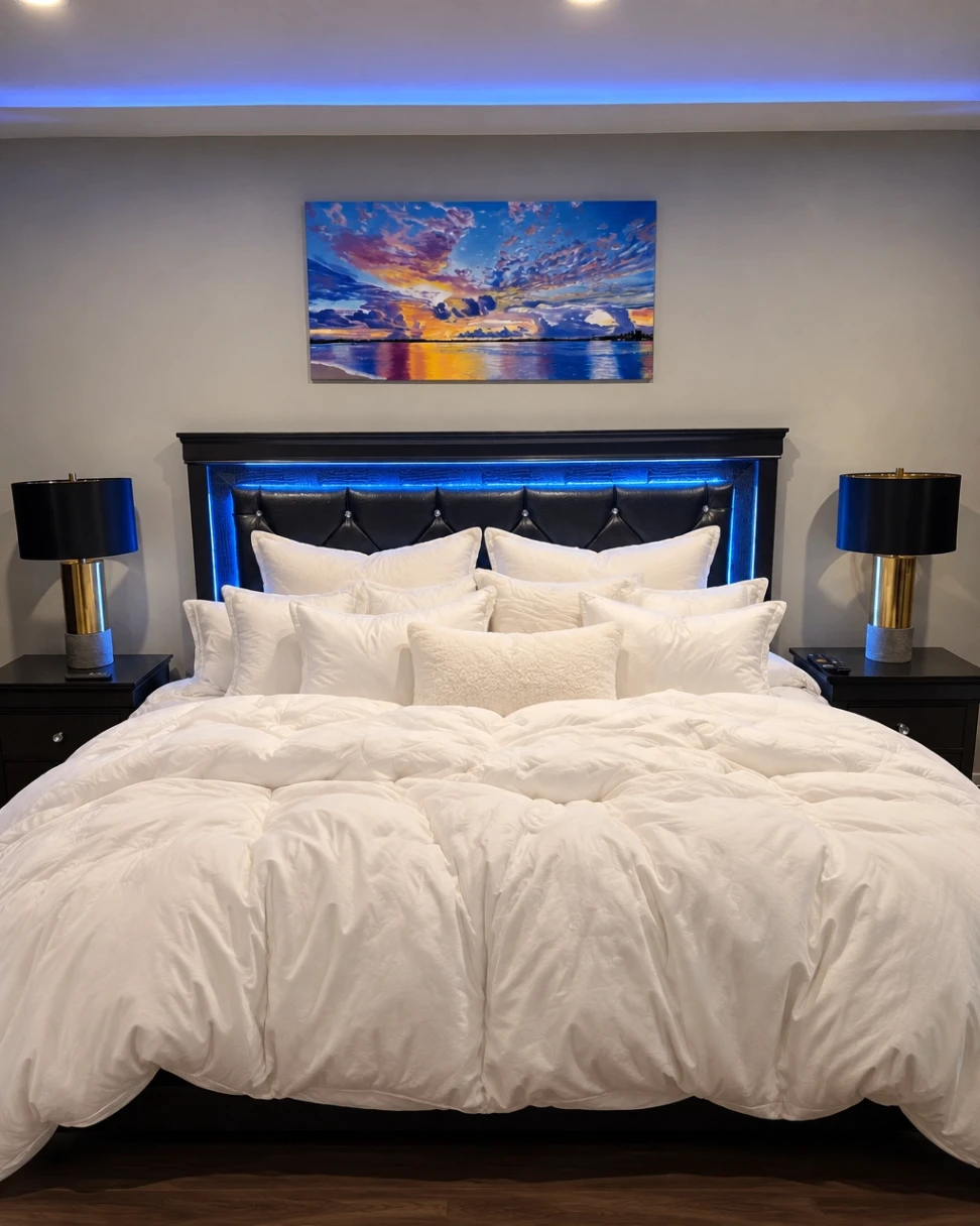 Bedroom with a painting above the bed
