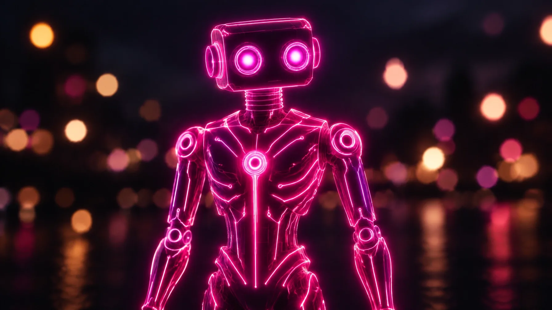 Stylized illustration of a glowing robotic figure against a dark background.